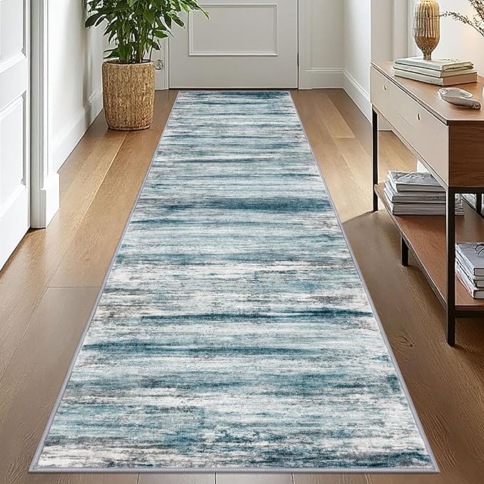 KOZYFLY Modern Abstract Hallway Runner Rug, 2.6x10 Washable Rug Runner Non-Slip Soft Striped Kitchen Runner Rugs, Print Blue Carpet Runner for Entryway Bathroom Laundry Room Foyer