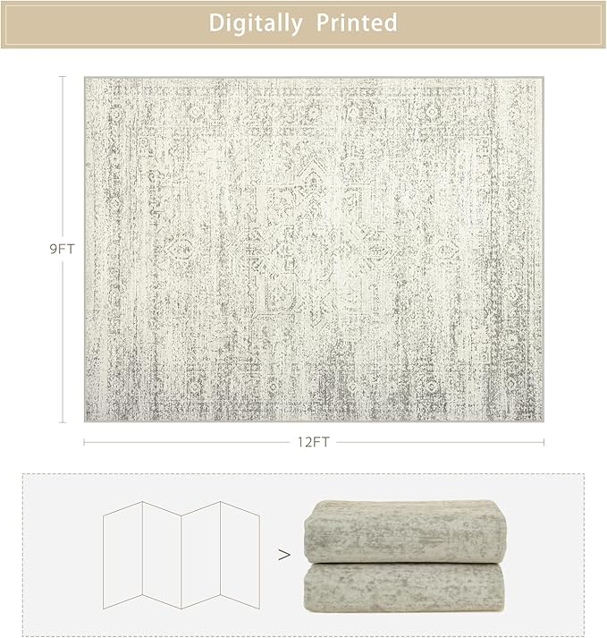 Washable Rugs 9x12 Area Rugs for Living Room,Bedroom,Dining Room- Large Ultra Soft Faux Wool Retro Carpets,Non Slip&Non-Shedding Low Pile Vintage Print Rug for Home Office Decor- Beige