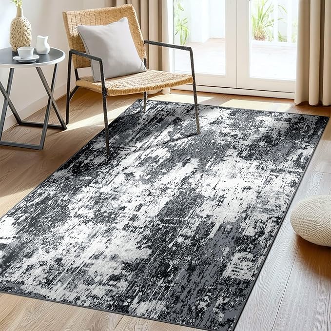 Washable Area Rugs 4'x5' Non-Slip Modern Abstract Soft for Living Room Entryway Bedroom Nursery, Print Pattern, Black Navy Blue Gray