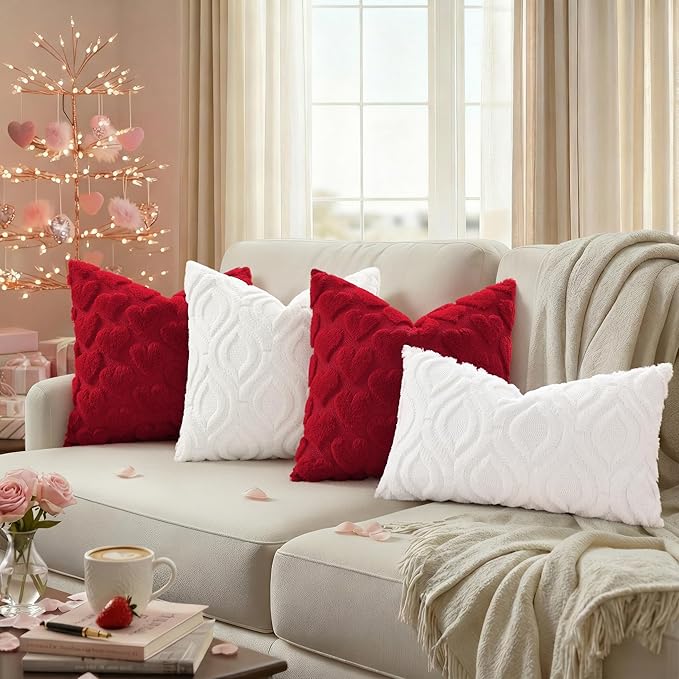 decorUhome Valentine’s Day Soft Plush Throw Pillow Covers 20x20 Inch Set of 2, Faux Fur Red Heart Decoration Neutral Square Pillow Covers for Couch Sofa Bed Cozy Farmhouse Holiday Decor