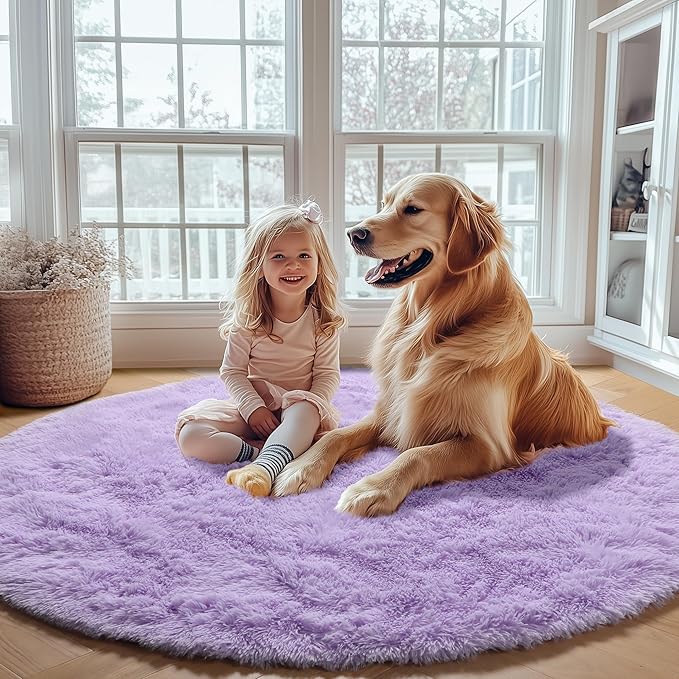 ONASAR Light Purple Round Area Rugs 5ft, Soft Bedroom Circle Rug Floor Mats for Kids Girls Teen, Cute Fluffy Plush Shaggy Carpet for Nursery Dorm Living Room Playroom Home Decor Princess Castle
