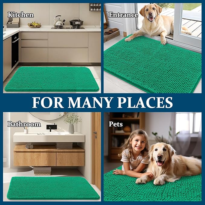 OLANLY Dog Door Mat for Muddy Paws 24x16, Absorbs Moisture and Dirt, Absorbent Non-Slip Washable Doormat, Quick Dry Chenille Mud Mat, Entry Indoor Entryway Carpet for Inside Floor, Emerald Green