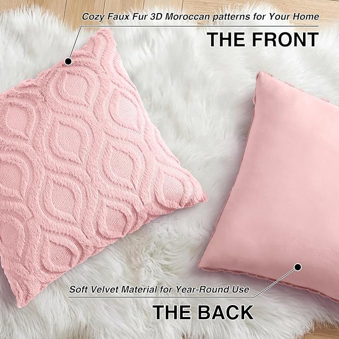 decorUhome Throw Pillow Covers 16x16 Inch Set of 2, Soft Plush Faux Wool Pink Solid Couch Pillow Covers, Accent Farmhouse Neutral Square Pillow Cases for Sofa Bed Living Room