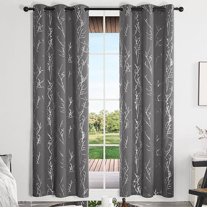 Deconovo Grey Blackout Curtains for Bedroom, Thermal Insulated Soundproof Drapes, Silver Branch Foil Print, 42 x 84 Inches Long, 2 Panels, Machine‑Washable Grommet Window Panel for Living Room Office
