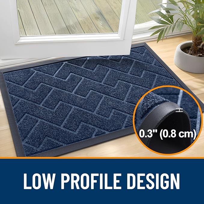 OLANLY Front Door Mat Indoor Outdoor Entrance, Waterproof All-Season, All-Weather Doormat, Sturdy Natural Rubber, Low Profile, Easy Clean Patio Porch Entryway Mat, Herringbone Brick (Blue, 47x23)