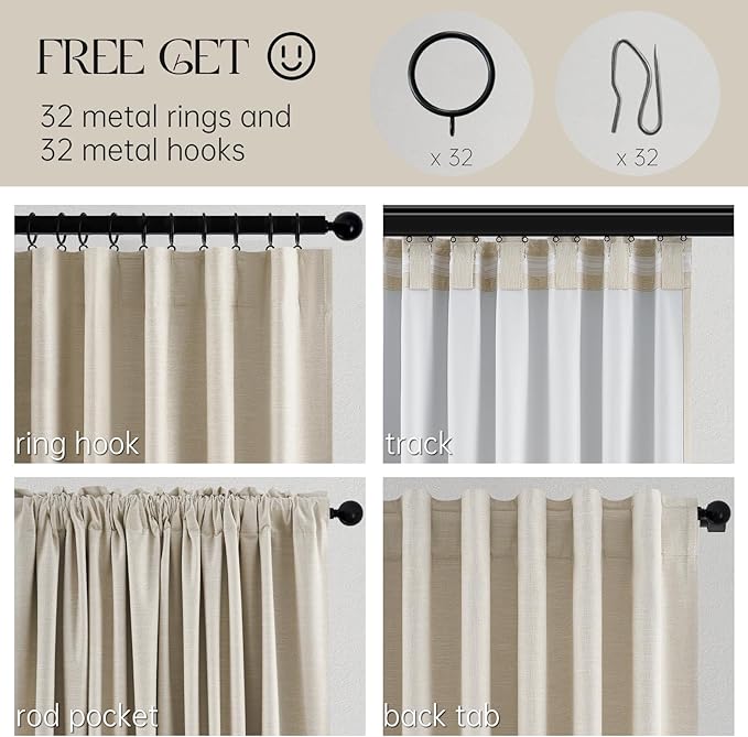 Extra Long 120 Inch Blackout Curtains for Large Window Treatment Natural Farmhouse Thick Linen Texture Sound Proof Drapes Room Divider Pleat Ceiling Track Burg Bedroom 10Ft(W52 xL132 2 Panels)