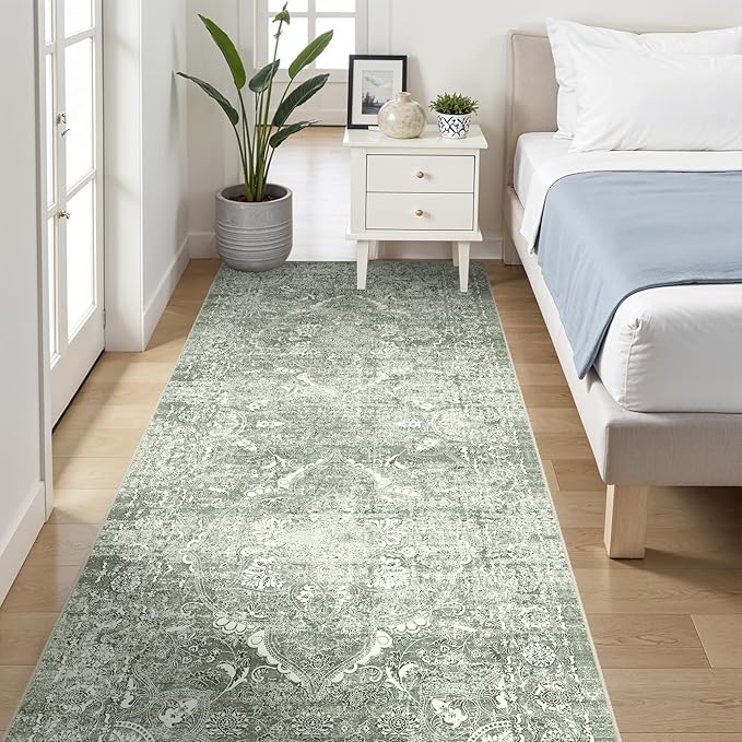 4x8 Washable Hallway Runner Rug - Wide Kitchen Runners Vintage Low Pile Carpet Soft Thin Floor Runner with Rubber Backing for Entryway Bedroom Living Room Home Decor (Muted Sage Green)