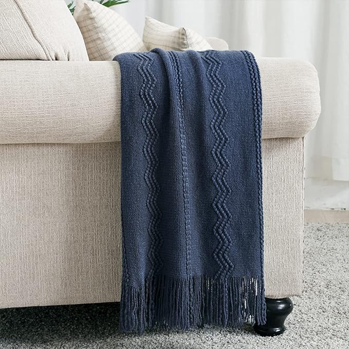 BOURINA Navy Throw Blanket 50x60 Inches Throw Textured Solid Soft Sofa Throw Couch Cover Knitted Decorative Blanket