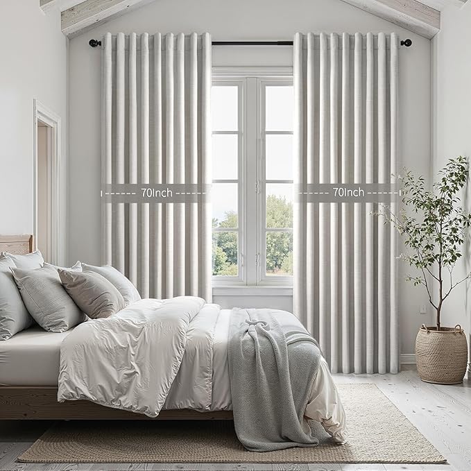 100% Blackout Curtains 70 Inch Wide 90 Inch Long for Living Room Sliding Glass Door Back Tab Pleated Neutral Modern Bedroom Heavy Insulated Large Window Drapes (70" Wx90"Lx2Panels) Grey Beige