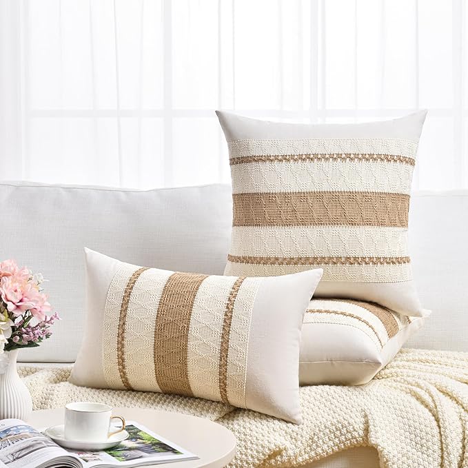 Fancy Homi Set of 1 Boho Neutral Long Lumbar Decorative Throw Pillow Cover 16x24 Inch for Couch Bed Sofa Chair, Modern Organic Farmhouse Home Decor, Soft Cotton Cute Accent Tan Rectangle Cushion Case