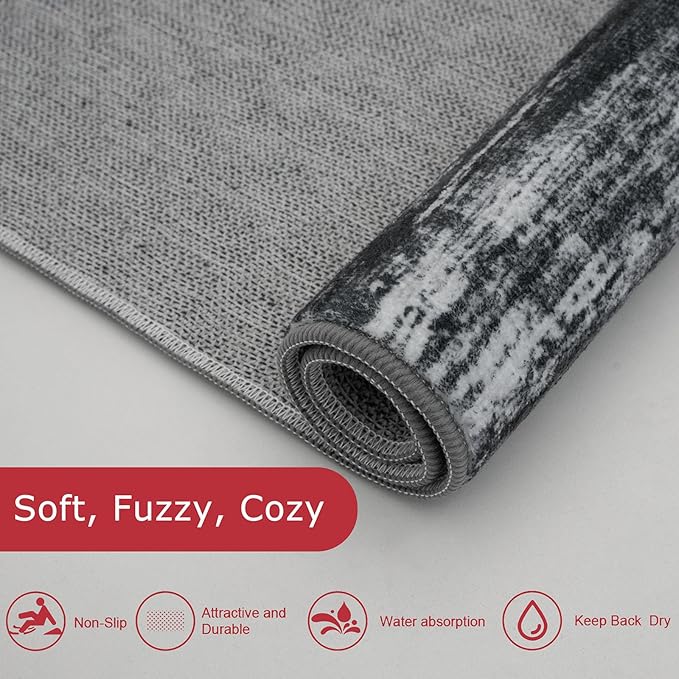 KOZYFLY Modern Abstract Kitchen Runner Rug, 2x6 Washable Rug Runner Non-Slip Soft Striped Hallway Runner Rugs, Black Navy Blue Grey Carpet Runner for Entryway Bathroom Laundry Room Foyer