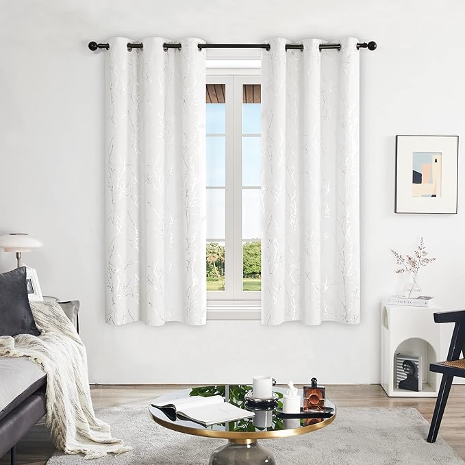 Deconovo Room Darkening Curtains, White Curtain, Thermal Insulated & Noise Reducing Drapes, Silver Branch Pattern, 42 x 63 Inch Long, Grommet Panels for Bedroom Living Room Office Nursery, Set of 2