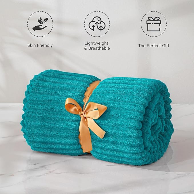 BEDELITE Fleece Throw Blanket for Couch – 3D Ribbed Jacquard Soft and Warm Decorative Fuzzy Blanket – Cozy, Fluffy, Plush Lightweight Blue Throw Blankets for Bed, Sofa, 50x60 inches