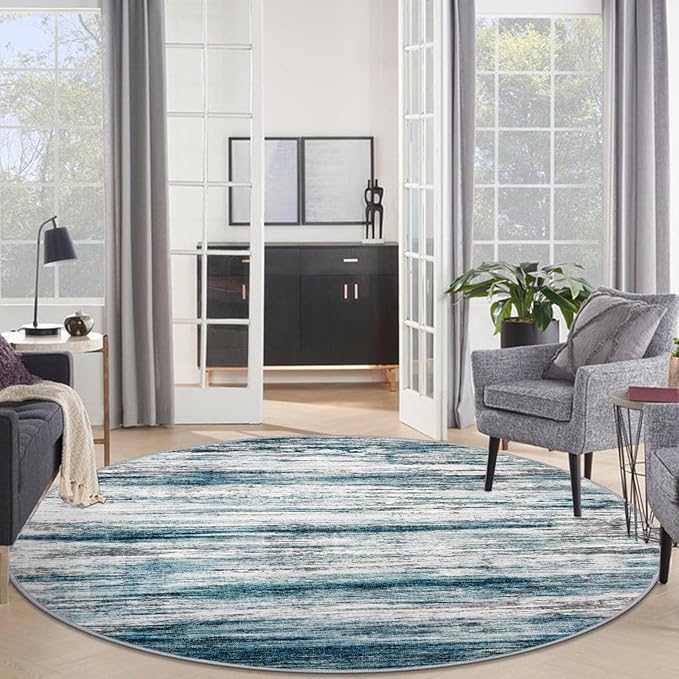 KOZYFLY Round Washable Rugs 6Ft Modern Abstract Ombre Rug for Bedroom, Washable Circle Rug Non-Slip Soft Striped Living Room Area Rug, Print Blue Carpet for Laundry Nursery