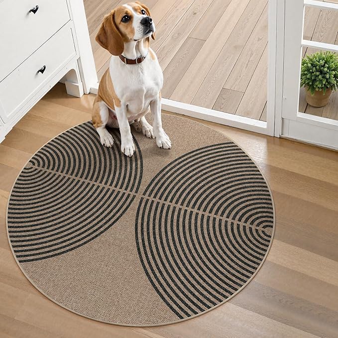 Lahome Enfys Modern Rainbow Round Rug, 3ft Small Washable Circle Carpet Natural Indoor Outdoor Patio Front Porch Rug, Farmhouse Non Slip Non Shedding Contemporary Round Mat for Entryway