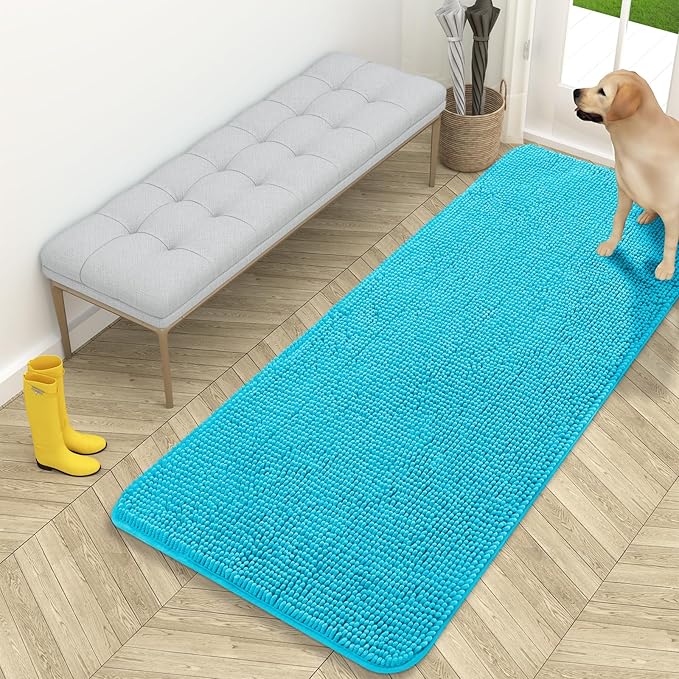 OLANLY Dog Door Mat for Muddy Paws 59x24, Absorbs Moisture and Dirt, Absorbent Non-Slip Washable Doormat, Quick Dry Chenille Mud Mat for Dogs, Entry Indoor Entryway Carpet for Inside Floor, Aqua Blue