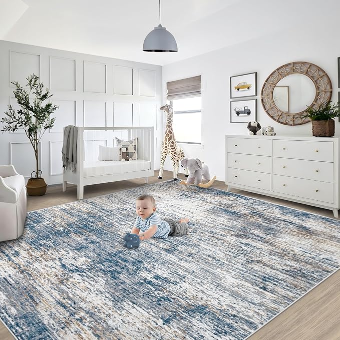 8x10 Area Rugs for Living Room, Washable Modern Abstract Large Area Rug Neutral Soft Non Slip Kids Rug Stain Resistant Indoor Carpet for Bedroom Nursery Dining Room Playroom(BlueWhite, 8'x10')