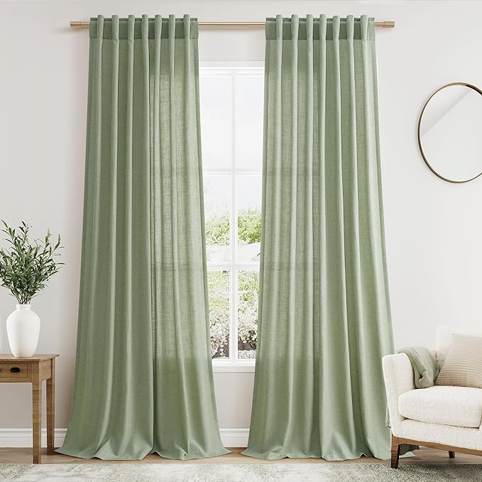 Sheer Light Sage Linen Curtains 102 Inches Long Rod Pocket Back Tab Drapes 2 Panels Set for Living Room Light Filtering Semi Sheer Pale Green Curtain 102 Length for Patio Sliding Glass Door 52x102