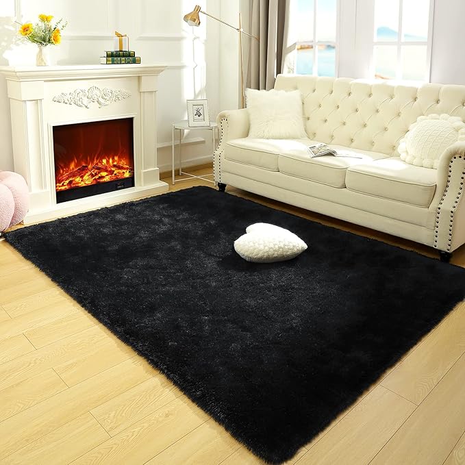 LOCHAS Ultra Soft Indoor Modern Area Rugs Fluffy Living Room Carpets for Children Bedroom Home Decor Nursery Rug 5x8 Feet, Black