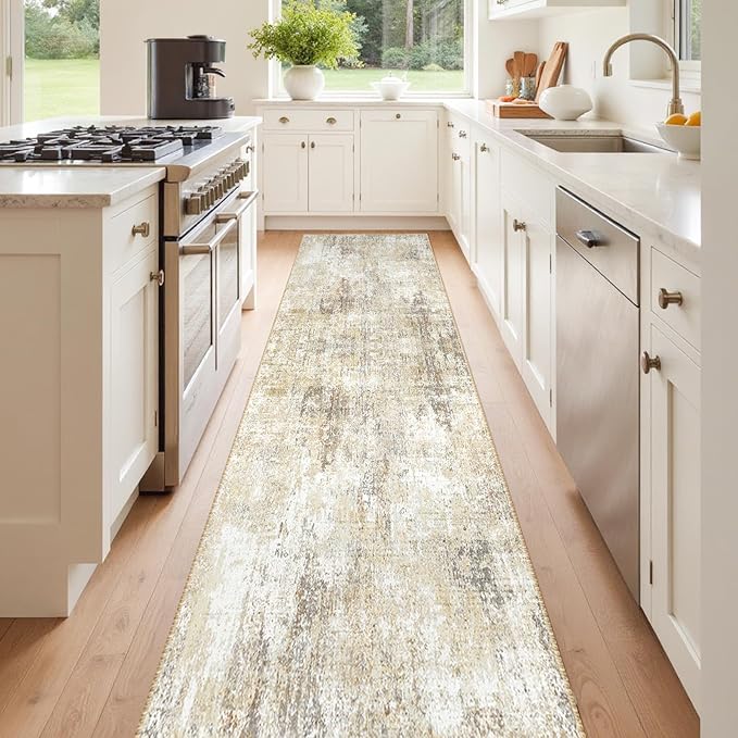 Washable Area Rugs 2'x8' Non-Slip Modern Abstract Soft for Living Room Entryway Bedroom Nursery, Print Pattern, Neutral Brown Gray