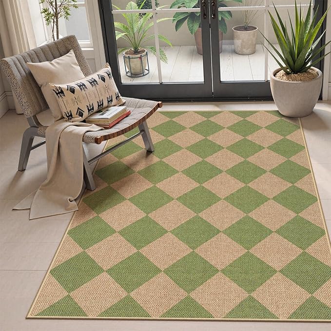 Lahome Colette Green Checkered Easy Jute Rug, 3x5 Washable Outdoor Rug Neutral Rug for Entryway, Checkerboard Non Slip Non Shedding Floor Carpet for Living Room Front Door Porch