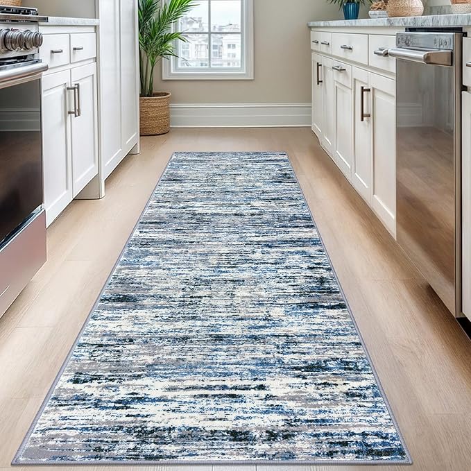 Lansny Modern Abstract Runner Rug 2.6x8, Grey Blue White Washable Kitchen Runner Non-Slip Soft Hallway Rug Runner Thin Print Faux Wool Carpet for Entryway Bedroom Laundry Room Indoor Home Decor