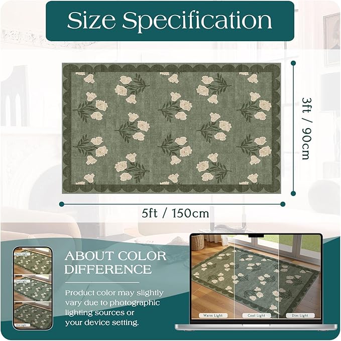 3x5 Floral Entry Rug - Small Washable Indoor Outdoor Mats for Front Door Non-Slip Spring Porch Rug Sage Green Farmhouse Throw Rugs for Living Room Bedroom Entryway Kitchen Office Porch Decor
