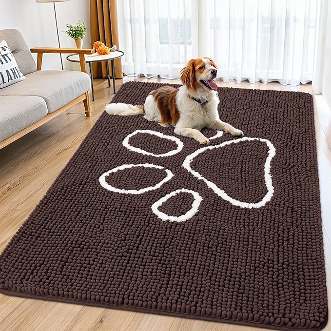 Smiry Dog Door Mat for Muddy Paws, Absorbent Dirt Trapper Non Slip Quick Dry Washable Chenille Mat for Mud Dogs, Entry Rug for Indoor and Outdoor (70x35 Inches, Brown and White)
