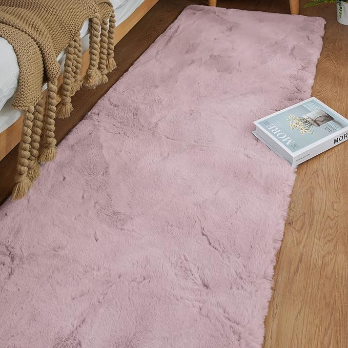 ORINOVA Pink Fluffy Washable Faux Rabbit Fuzzy Fur Area Rugs for Bedroom Large Furry Rugs for Living Room 2x10 Runner Nursery Rug Home Décor