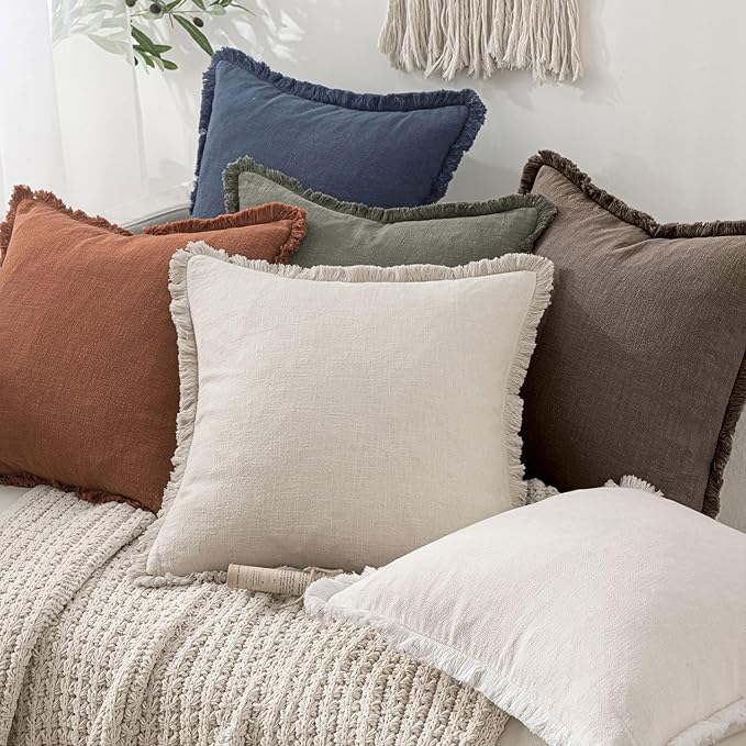 MIULEE Decorative Throw Pillow Covers Neutral Linen Fringe Throw Pillows Euro Shams Set of 2 Natural Coffee Boho Farmhouse Cushion Covers for Couch Sofa Bed Living Room Spring Home Decor 24x24 Inch