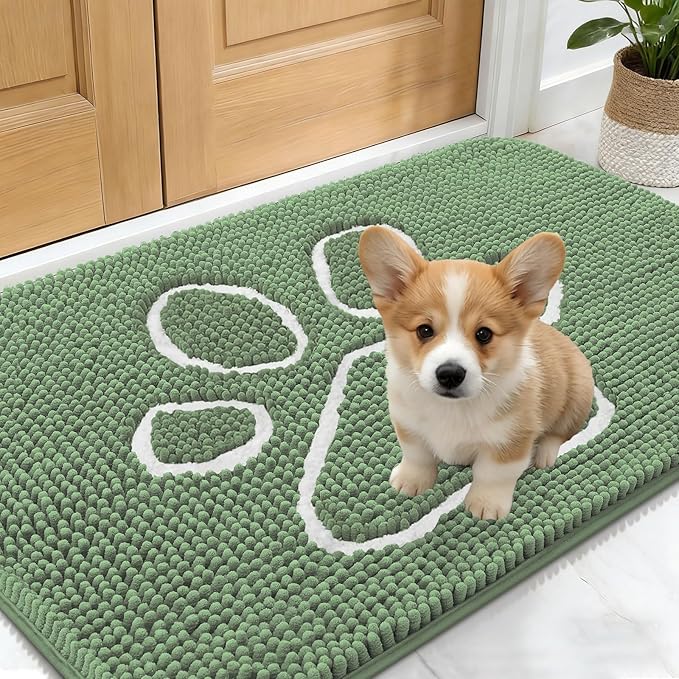 OLANLY Dog Door Mat for Muddy Paws 24x16, Paw Print Design, Absorbs Moisture and Dirt, Non-Slip Washable Doormat, Quick Dry Chenille Mud Mat, Entry Indoor Entryway Carpet, Olive Green and White