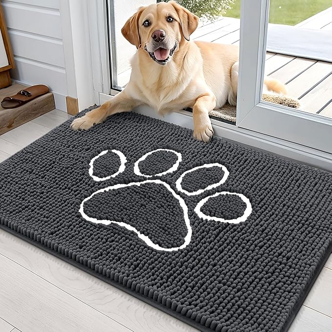 OLANLY Dog Door Mat for Muddy Paws 35x24, Paw Print Design, Absorbs Moisture and Dirt, Absorbent Non-Slip Washable Doormat, Quick Dry Chenille Mud Mat for Dogs, Entry Indoor Entryway Carpet, Dark Grey