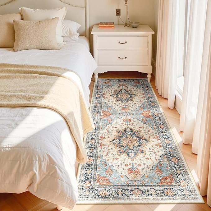 RELEANY Area Rugs 3'x6' Runner Rug Non Slip Washable for Kitchen Hallway Bedroom Beside Laundry Room Bathroom Rug, Floor Carpet, Beige Navy Blue Orange Colorful