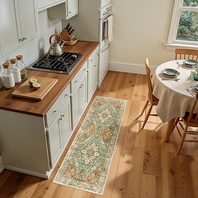 Area Rugs 2'x6' Runner Rug Non Slip Washable for Kitchen Hallway Bedroom Beside Laundry Room Bathroom Rug, Floor Carpet, Brick Red Rust Neutral Brown Burnt Orange Green