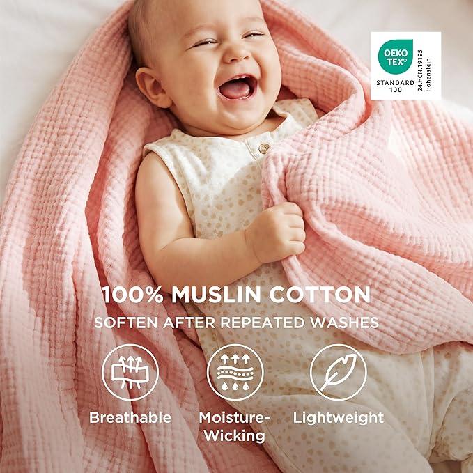 Bedsure 100% Cotton Muslin Blanket Queen Size for Bed - 4-Layer Breathable and Lightweight Thin Soft Summer Gauze Muslin Blankets for Adults, Pink, 90x90 Inches