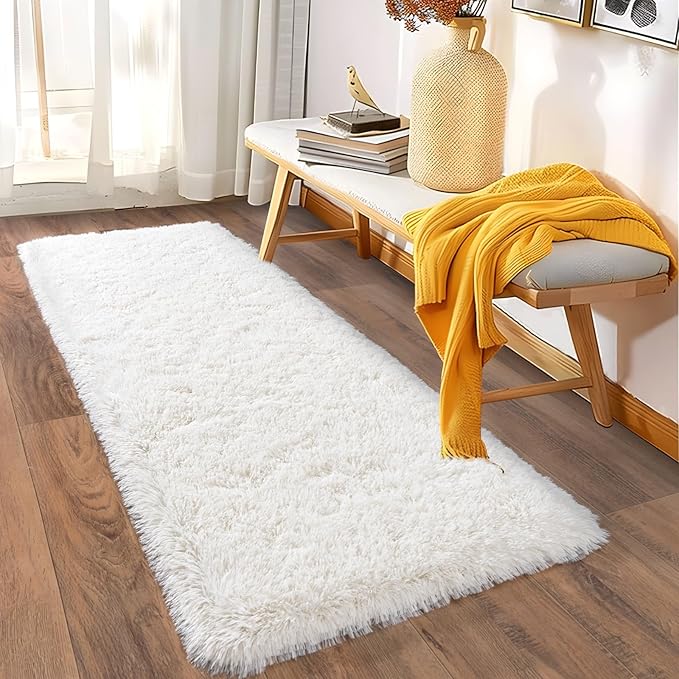 Ultra Soft Runner Rugs for Bedroom Hallways with Upgraded Non-Slip Rubber Backing & Thick Memory Sponge, 2x6 Feet Fluffy Shag Throw Area Rug for Bedside Dorm Cream