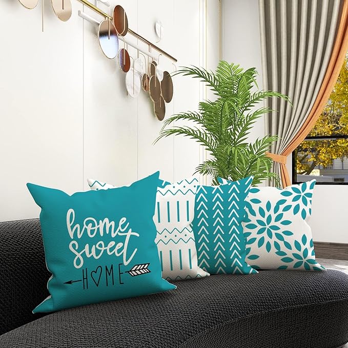 YCOLL Pillow Covers 18x18 Set of 4, Modern Sofa Throw Pillow Cover, Decorative Outdoor Linen Fabric Pillow Case for Couch Bed Car, Aqua Blue