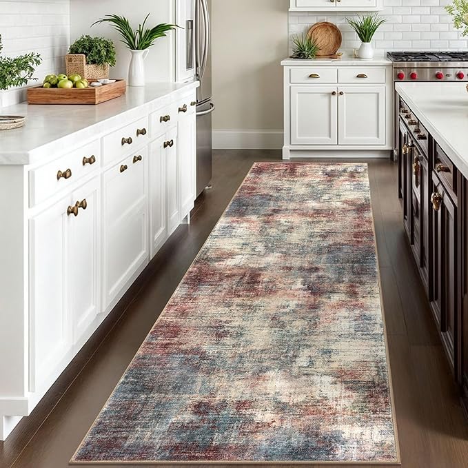 IOHOUZE Abstract Runner Rug 3x10 Ft Washable Runners for Hallways, Non Slip Kitchen Runner Printed Faux Wool Entryway Runner Indoor, Modern Abstract Floor Carpet for Hall Bedroom, Red/Multi