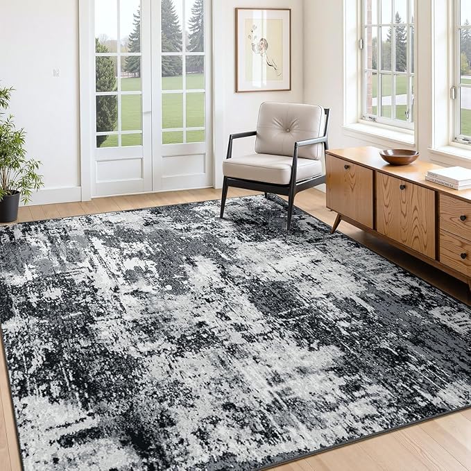 Washable Area Rugs 5'x8' Non-Slip Modern Abstract Soft for Living Room Entryway Bedroom Nursery, Print Pattern, Black Navy Blue Gray