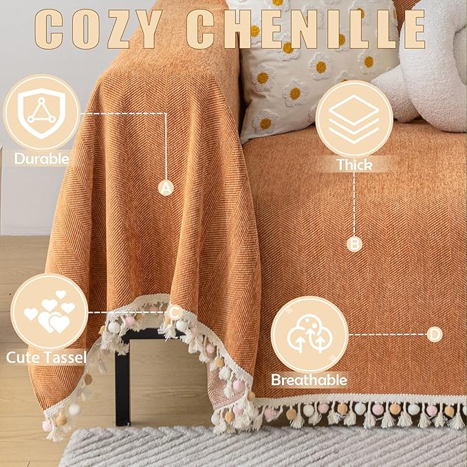 HANDONTIME Dark Orange Sofa Covers Couch Cover for Dogs Colorful Tassel Lovetseat Cover Pet Couch Cover Bohemian Sofa Cover for Couch Vintage Boho Couch Covers Futon Cover Pet-Friendly, 91" X118"