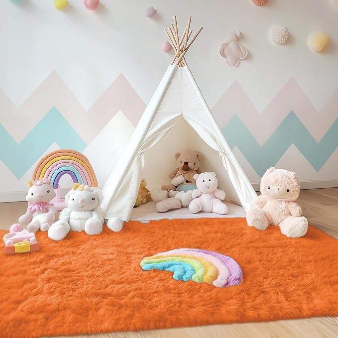 OLANLY Area Rugs for Living Room Bedroom, Machine Washable 4x5.9 ft Soft Fluffy Shaggy Bedside Rug, Indoor Floor Carpet for Kids Girls and Boys, Dorms, Nursery Rooms, Home Decor Aesthetic, Orange