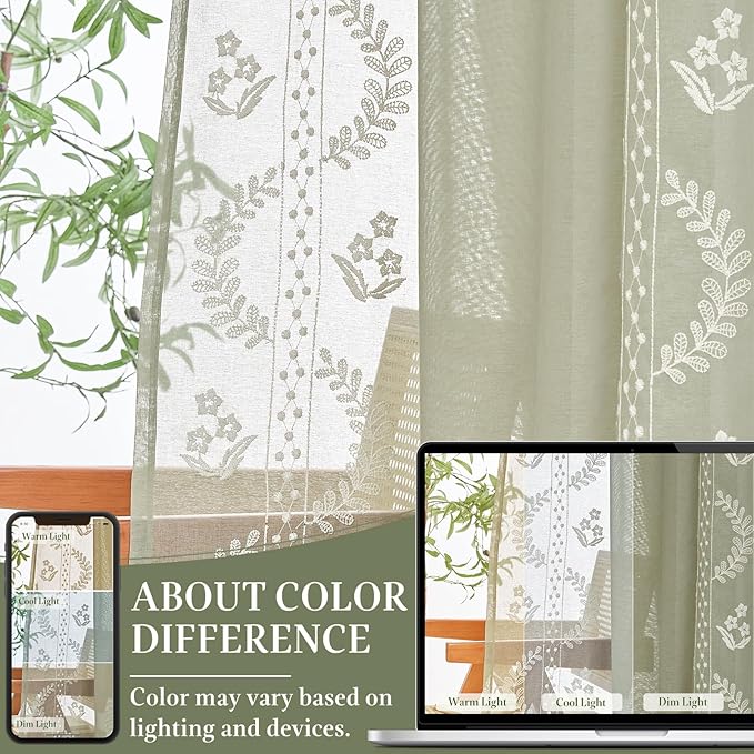 jinchan Belrose Sage Green Floral Sheer Curtains for Living Room 84 Inch Long Voile Embroidered Farmhouse Curtains for Bedroom Ivory Flower Patterned Rod Pocket Window Treatments, 2 Panels Green
