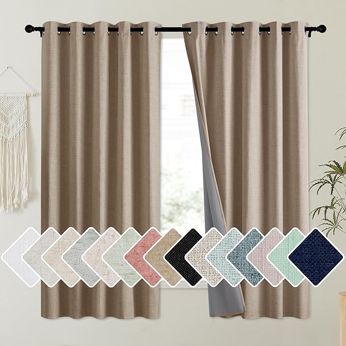 NICETOWN Burlap Vintage Open Linen Weave Flax Thermal Curtains, 100% Blackout Curtains 63" Long for Dining Room, Soundproof Window Treatment Drapes for Dorm Room, 62" Wide Per Panel, Set of 2