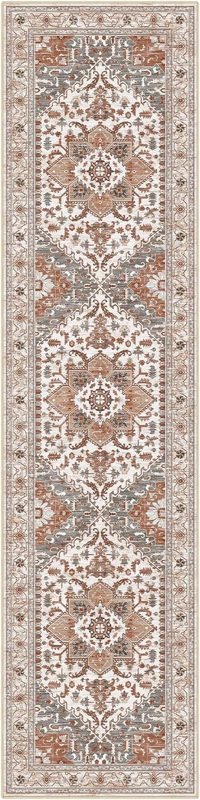 Yamaziot Washable Runner Rug, 2x8 Non-Slip Boho Vintage Hallway Rug Runner with Rubber Backing, Low Pile Faux Wool Distressed Carpet Runner for Bedroom, Kitchen, Laundry, Entrance, Ginger Grey