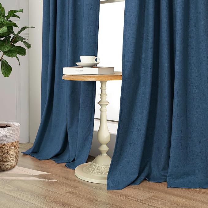 Navy Blue Curtains for Living Room 102 Inch Long 100 Percent Blackout Linen Look Viral Window Curtains for Bedroom Black Out Drapes for Nursery Bedroom Dorm 52x102 Length 2 Panels Midnight Royal Blue