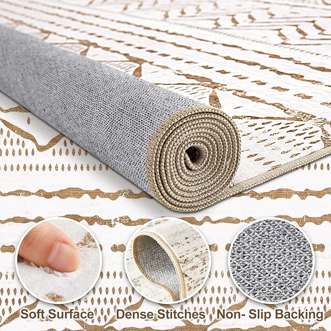 Nakagishi 6x9 Area Rugs Living Room: Washable Boho Large Neutral Soft Farmhouse Rug Stain Resistant Modern Indoor Floor Non-Slip Carpet for Bedroom Nursery Playroom Office Dining Dorm- White Brown