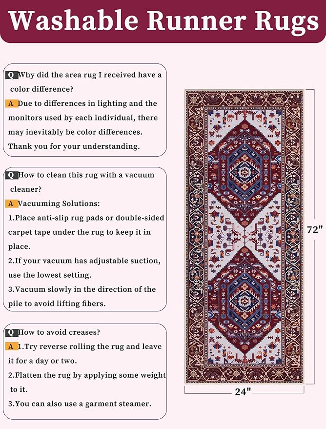 SERISSA Boho Washable Runner Rug, 2x6 Rug Runner Non-Slip Vintage Burgundy Navy Hallway Kitchen Runner Rug Ultra Soft Print Distressed Floor Carpet Runner for Bedroom Bathroom Laundry Living Room