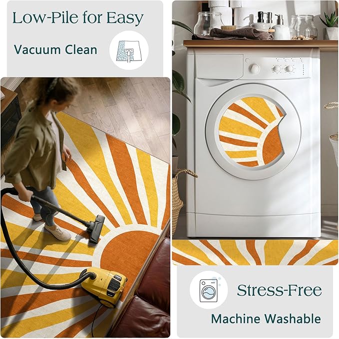 3x5 Boho Entry Rug - Small Washable Indoor Outdoor Mats for Front Door Non-Slip Porch Rug Orange Modern Retro Sun Throw Rugs for Living Room Bedroom Entryway Kitchen Office Porch Decor