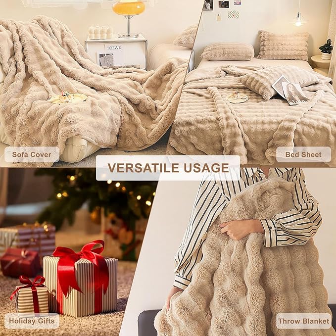 HANDONTIME Plush Sofa Slipcovers Washable Couch Cover for Sofa Super Soft Faux Fur Sofa Covers for 3 Couch Cousion Soild Khaki Rabbit Plush Couch Cushion Covers for Kids Pets,71" X134"