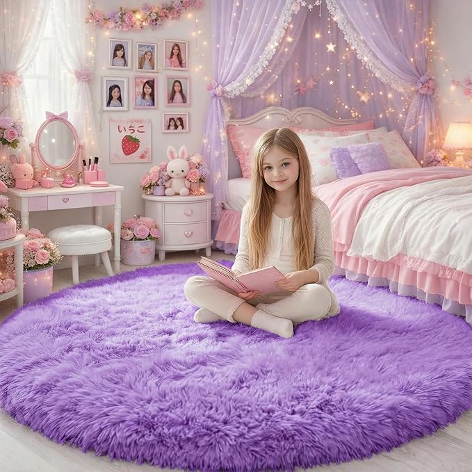 Amdrebio Purple Round Circle Rugs 6Ft for Girls Bedroom Decor Aesthetic, Large Fluffy Fuzzy Area Rugs for Kids Room, Soft Cute Furry Plush Shaggy Lavender Carpet for Living Room, Baby Nursery, Dorm